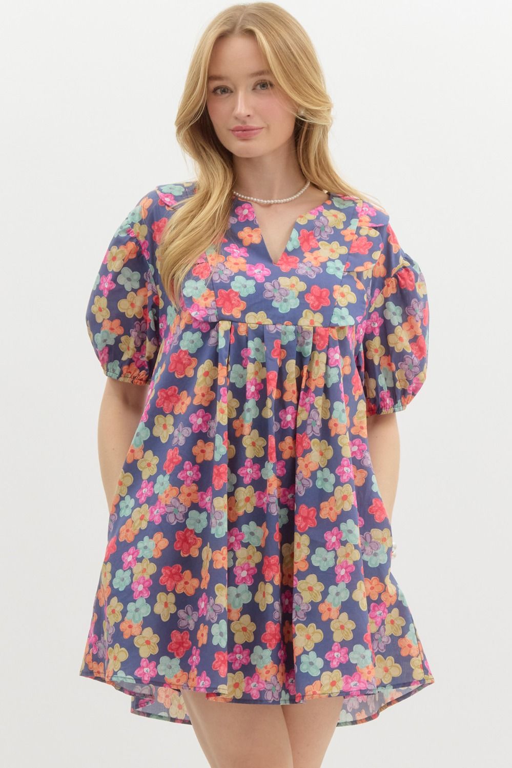 Navy Multi-Color Floral Print Dress