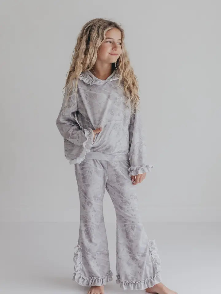 Kids Light Gray Camo Hooded Ruffle Set