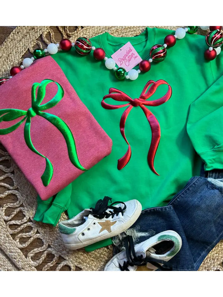 Green Sweatshirt with Red Metallic Bow