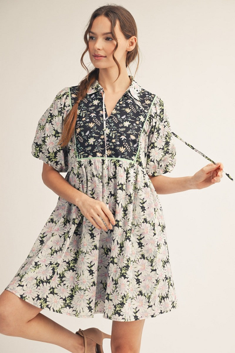 Black Puff Sleeve Floral Dress