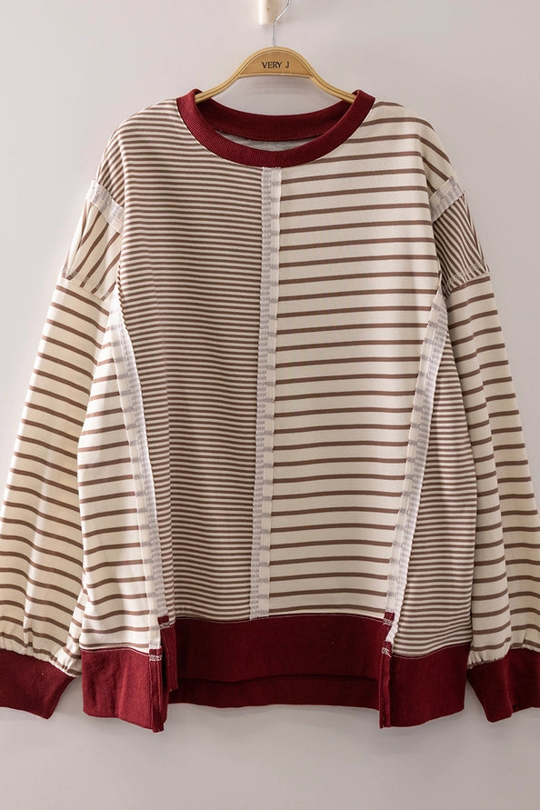 Mocha & Cream Mixed Stripe Contrast Sweatshirt
