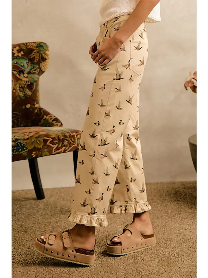 Mallard Duck Print Ruffle Leg Pants