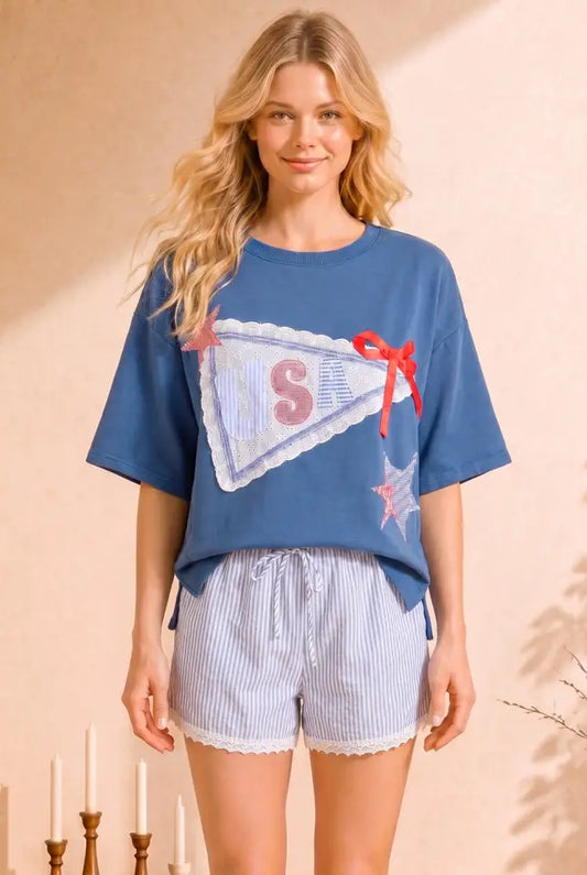 USA Lace Pennant Ribbon Top