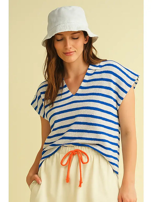Blue Striped Collared V Neck Sweater