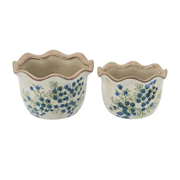 White Ceramic Planters with Blue Berry Motif
