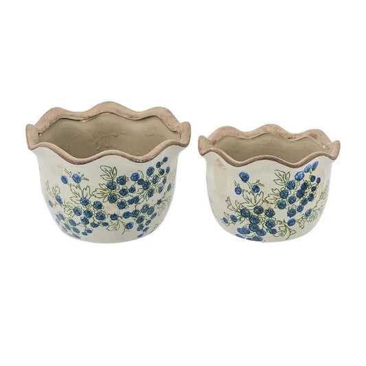 White Ceramic Planters with Blue Berry Motif