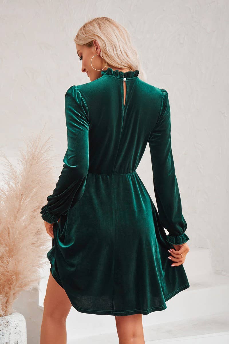 Green Velvet Round neck Puff Sleeve Smocking Detailed Dress