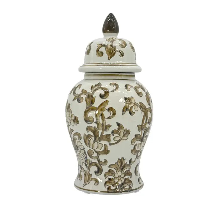 Brown & White Floral Chinoiserie Ginger Jar
