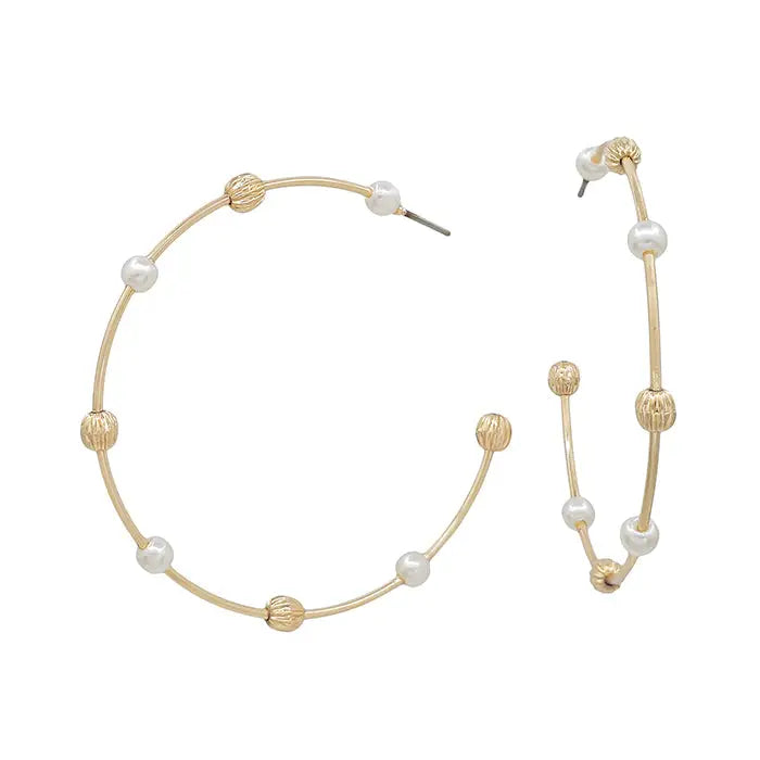 Water Resistant Gold Beaded and Pearl 2" Hoops