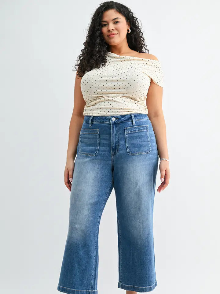 High Rise Cropped Wide Leg with Patch Pocket Jeans