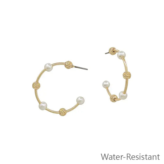 Water Resistant Gold Bar with Pearl and Textured Ball Hoop Earring