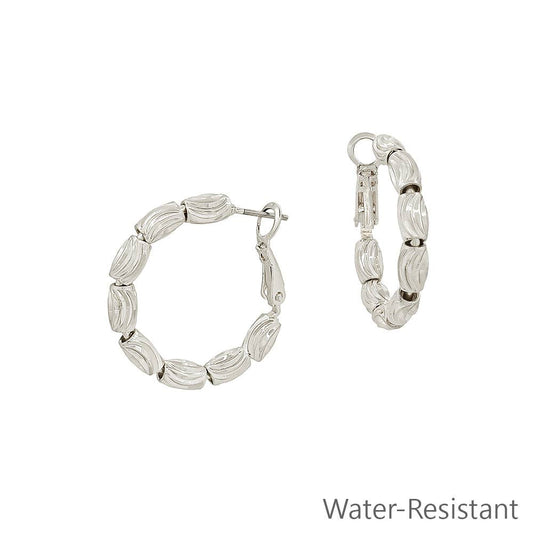 Silver Textured Oval Beads on 1" Hoop Earring