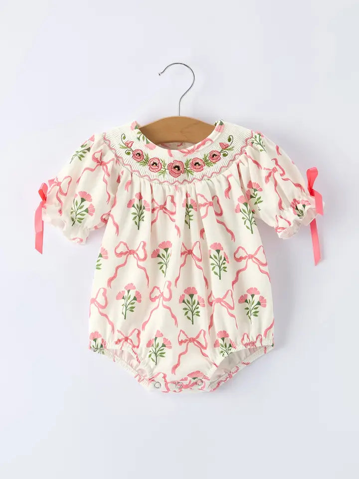 Spring Floral Smocking Embroidered Romper