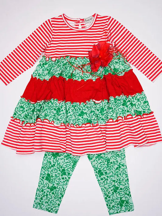 Green and Red Stripe Tiered Dress and Leggings