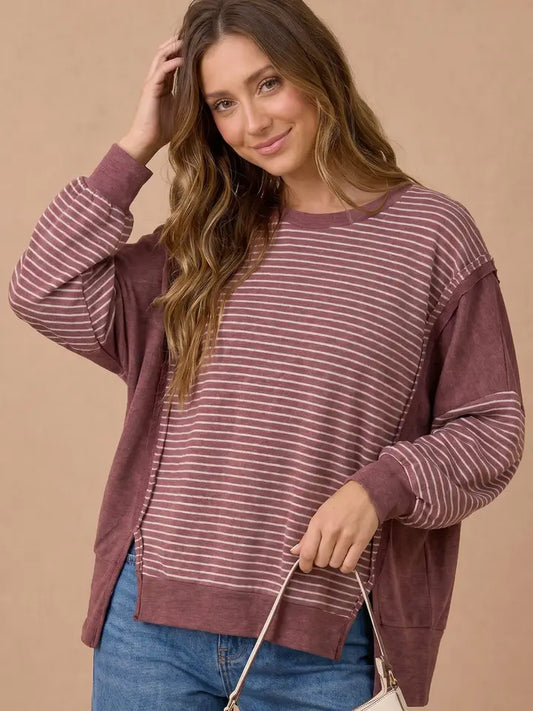Burgundy Drop Shoulder Stripe Top