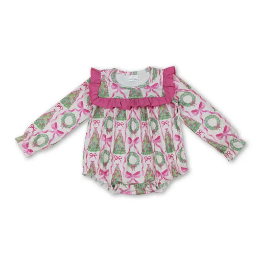 Long Sleeves Pink Bow Christmas Romper