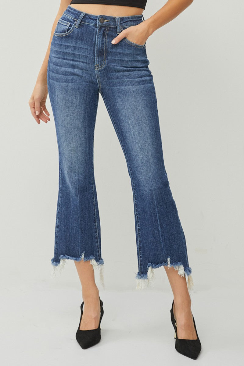 High Rise Crop Flare Frayed Hem Jeans
