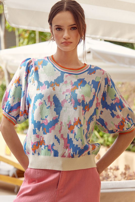 White Print Bubble Sleeves Top