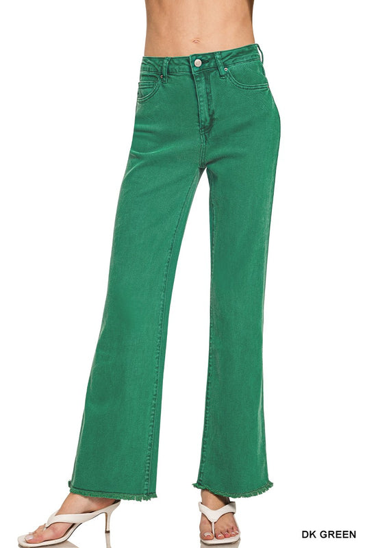 Zenana Long Dark Green Acid Wash Pants