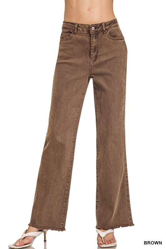Zenana Long Brown Acid Wash Pants