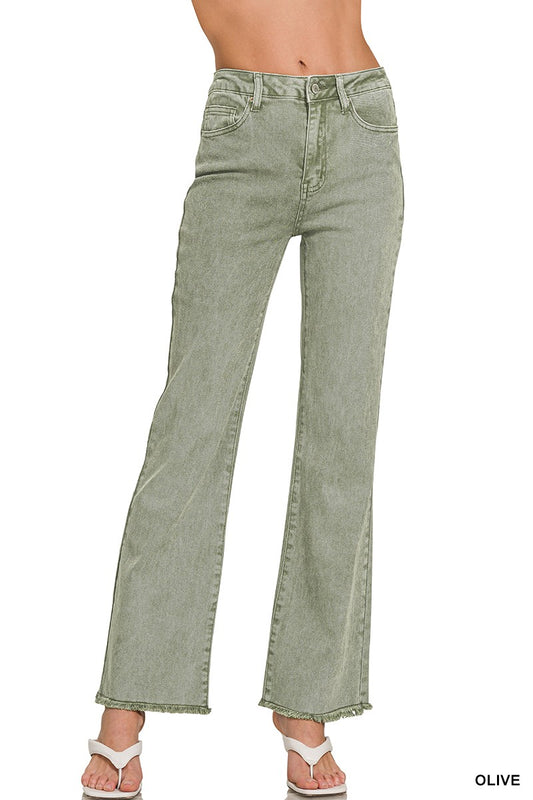 Zenana Long Olive Acid Wash Jeans