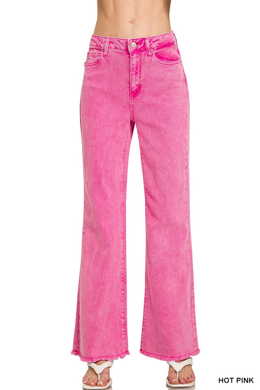 Zenana Hot Pink Long Acid Wash Pants
