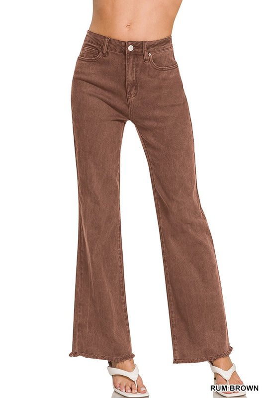 Zenana Long Rum Brown Acid Wash Pants