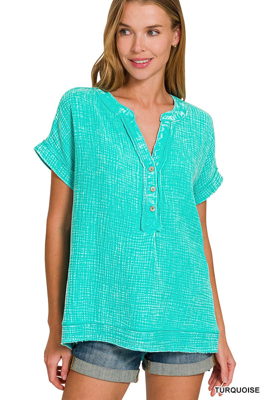 Turquoise Gauze Henley Top