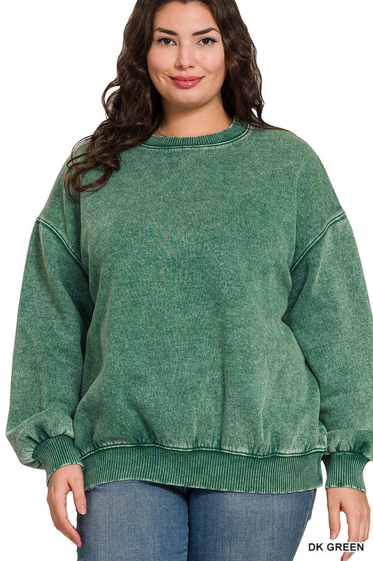 Plus Dark Green Acid Wash Fleece Sweatshirt