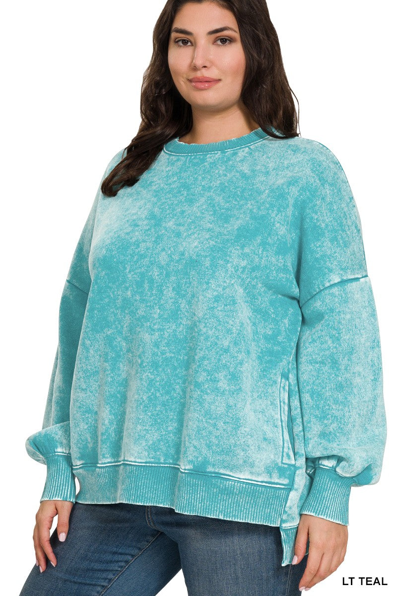 Plus Light Teal Acid Wash Fleece Sweatshirt