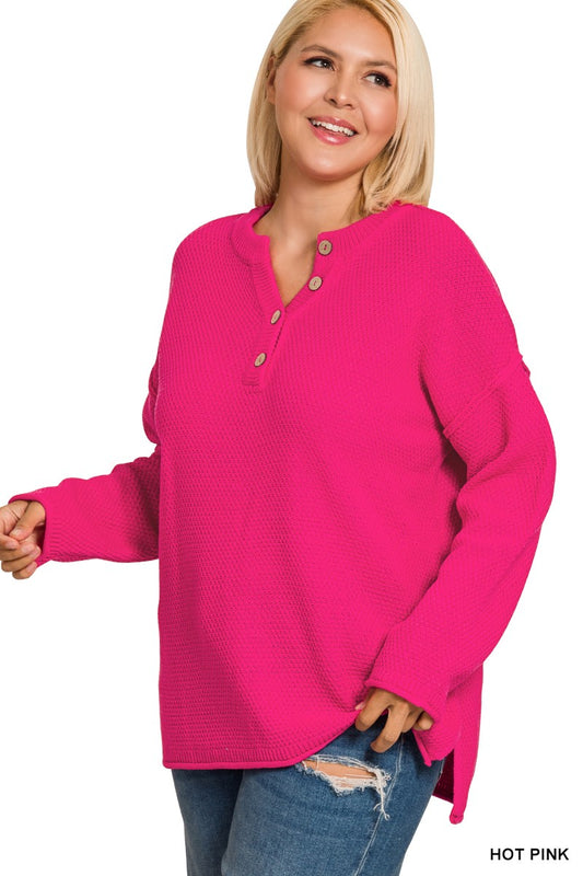 Plus Hot Pink Henley Sweater