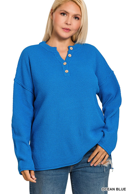 Plus Ocean Blue Henley Sweater