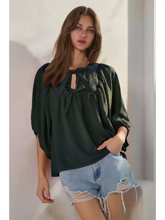 Plus Hunter Green Bow Blouse Top