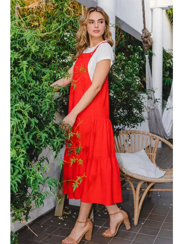 Solid Button Sling Tiered Dress