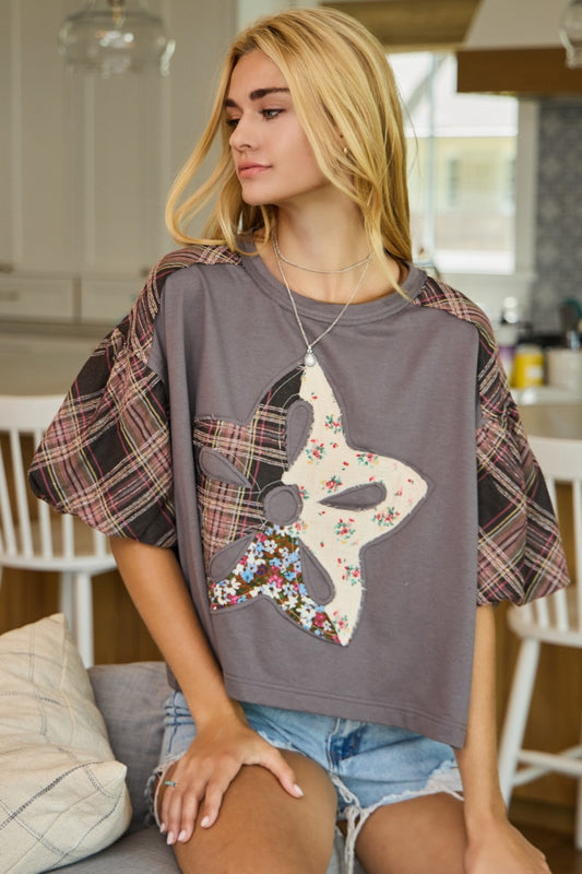 Print Mixed Fabric French Terry Top