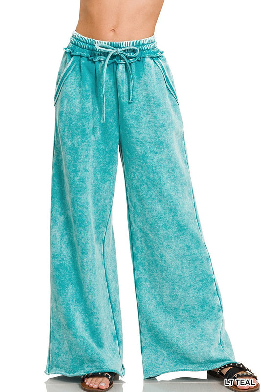 Light Teal Acid Wash Fleece Pants