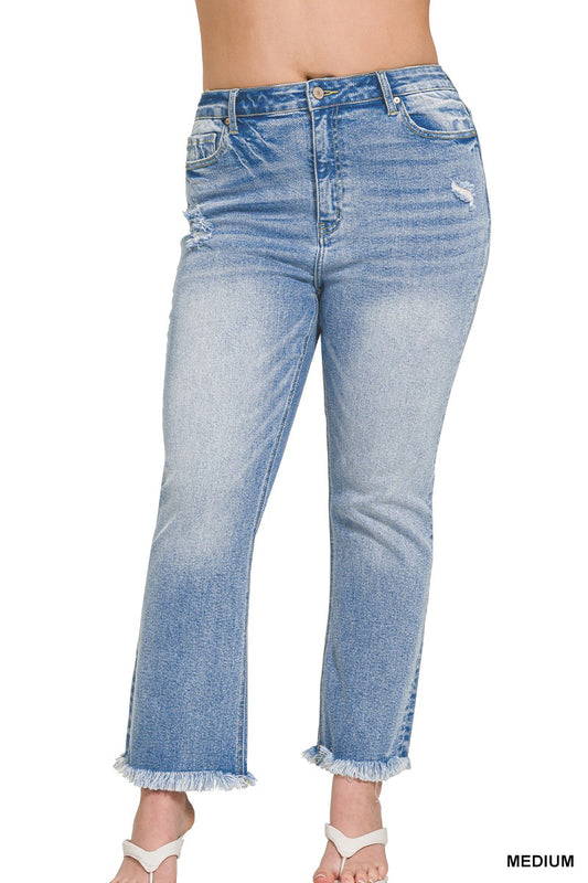 Plus High Rise Straight Raw Hem Cropped Denim