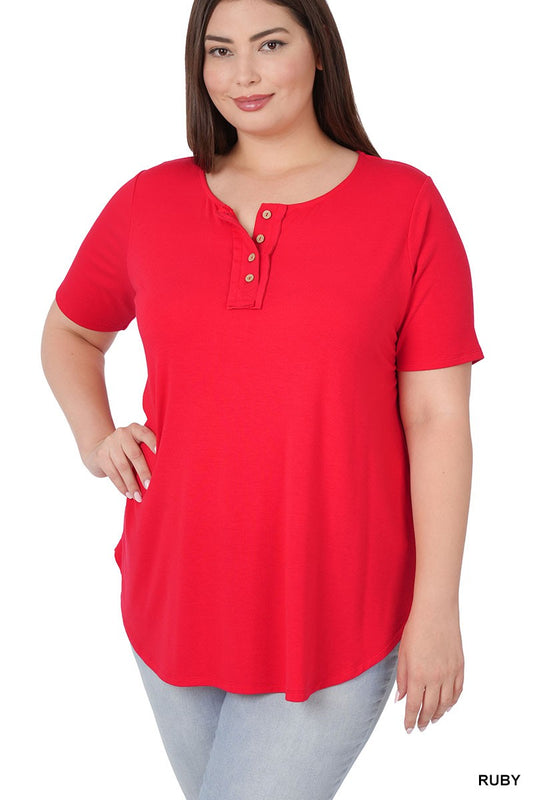 Zenana Plus Red Short Sleeve Botton Down Top