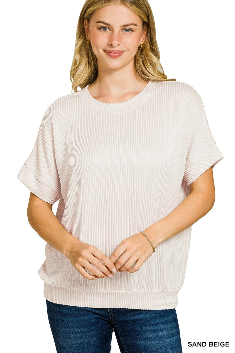 Sand Beige Corded Rib Short Sleeve Top