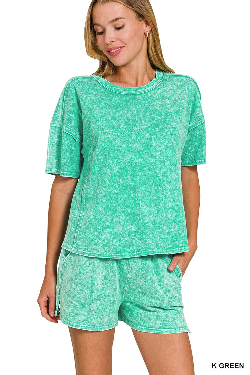 Kelly Green Acid wash Short Set