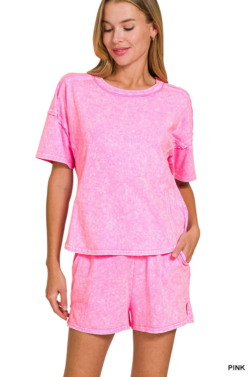 Hot Pink Acid Wash Short Set