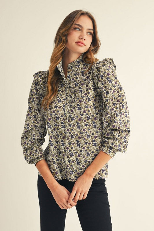 Ivory Ruffle Accent Floral Top