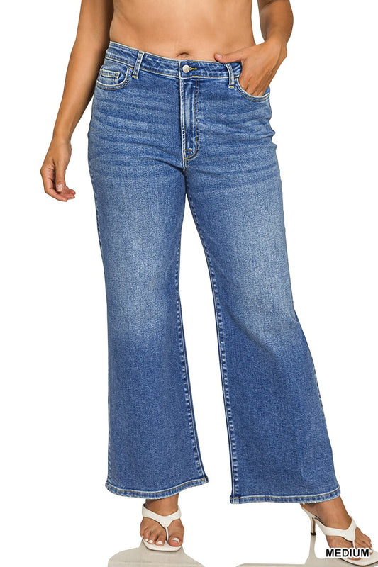 Zenana Medium Wash Wide Leg Denim Pants