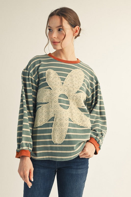Teal Striped Flower Top