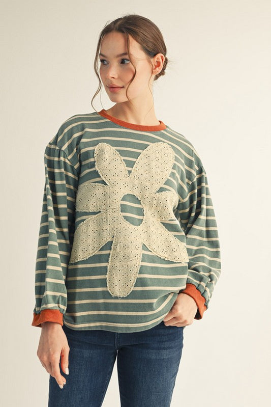 Teal Striped Flower Top