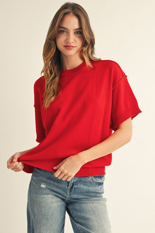 Plus Red Short Sleeve Sweater Top