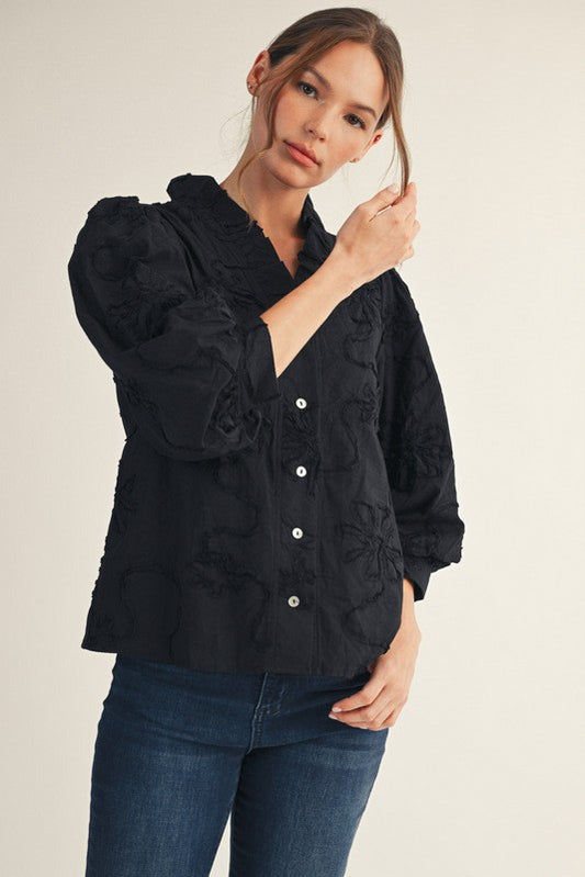 Black Button Down Floral Top