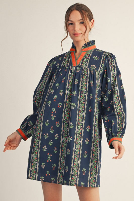 Ruffled Neckline Floral Dress