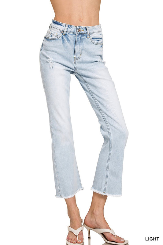 Zenana Light Wash High Rise Straight Raw Hem Cropped Denim Pants