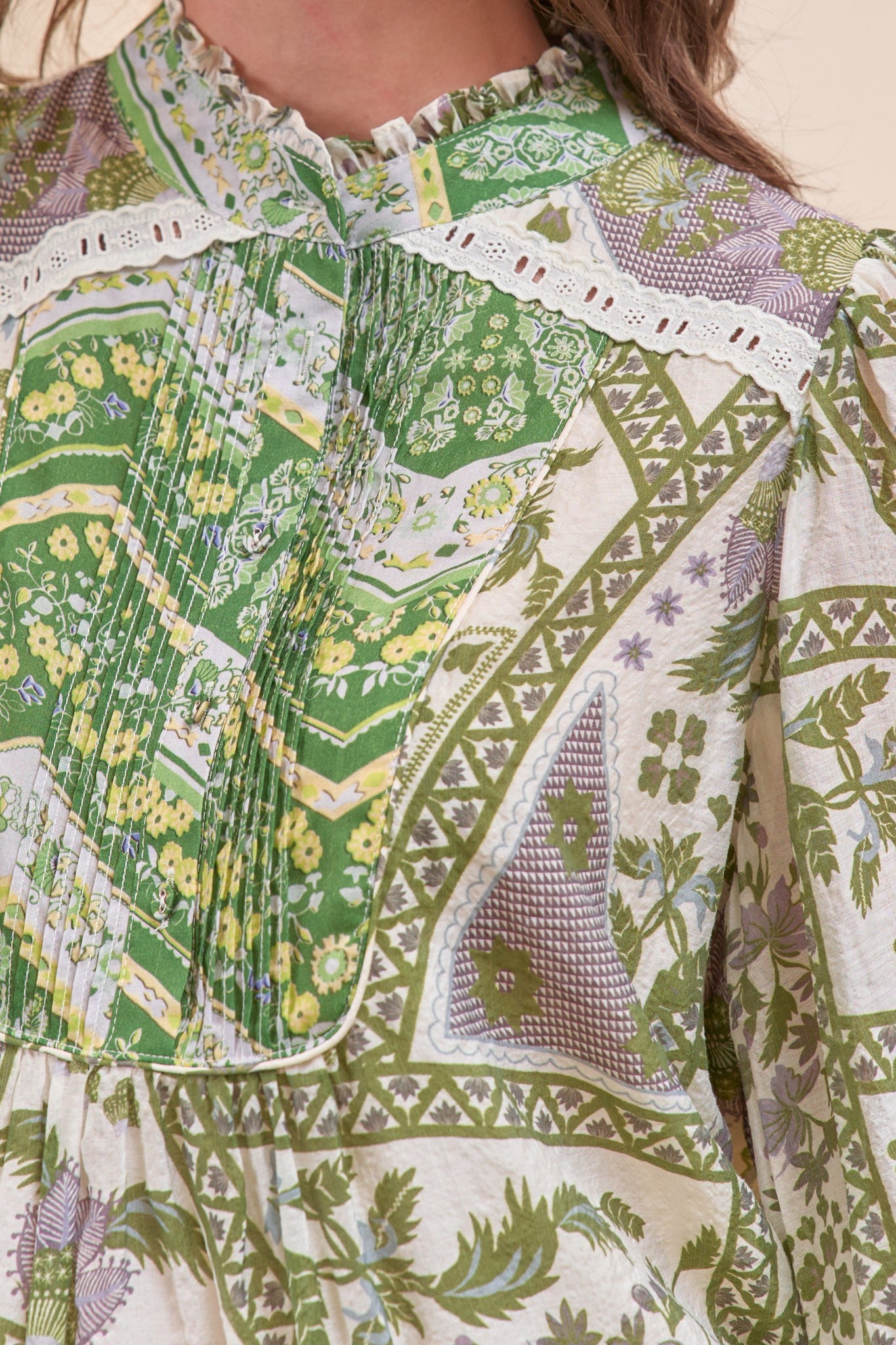 Patchwork Print Lace Trim Blouse